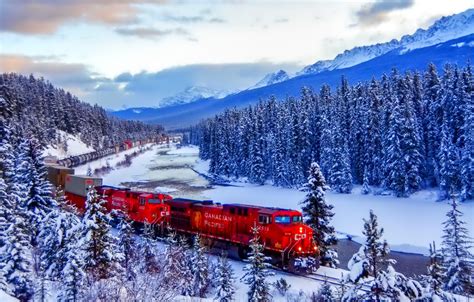 Wallpaper Winter Forest The Sky Clouds Snow Mountains Train