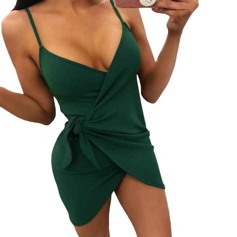 Sexy Women Summer Beach Dress Mini Green Spaghetti Strap Deep V Neck
