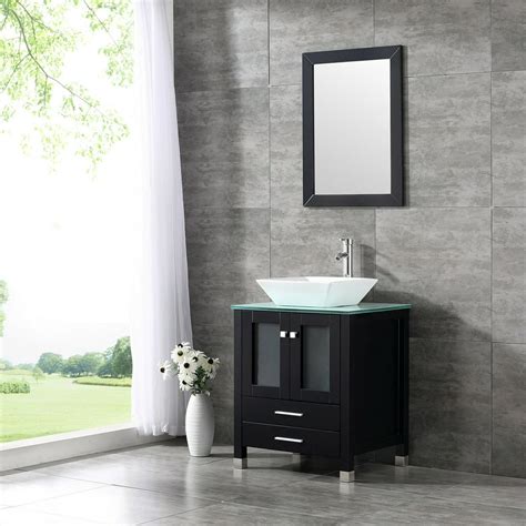 Wonline 24 Black Modern Bathroom Vanity Cabinet Glass Countertop With
