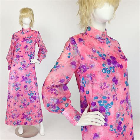 vintage 70s maxi dress pink pastel sheer bishop sleev… gem