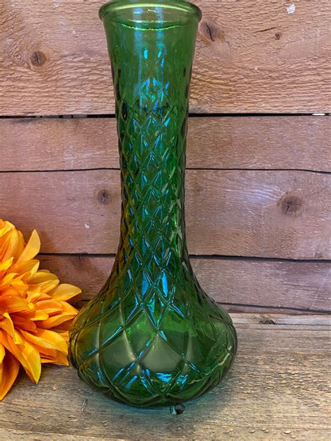Vintage Green Hoosier Glass Vase Quilted Diamond Etsy