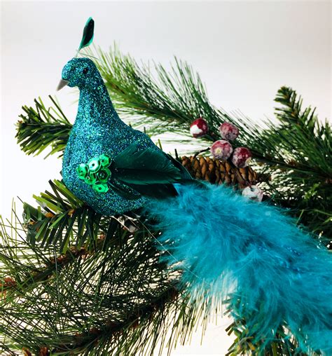 Set Of 2 Turquoise Blue Peacock Clip On Craft Birds Christmas Tree Decorations Ebay