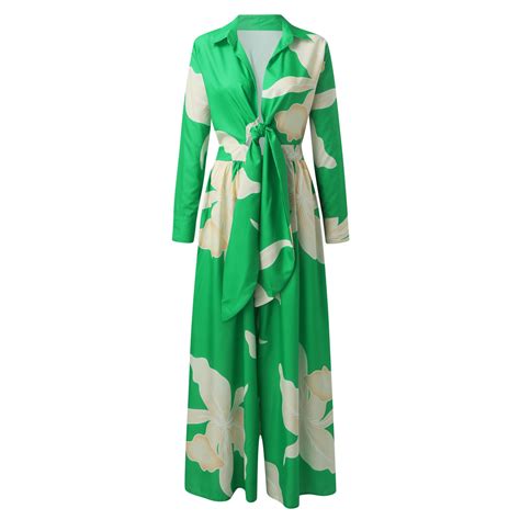 Drawstring Romper Women Waist High Long Sleeve Sense Green Deep V Neck