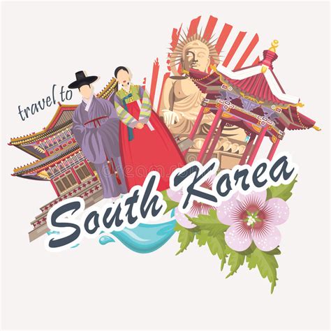 South Korea Travel Poster With Flower Pagodas Tradition Clothes And Signs Korea Journey Card