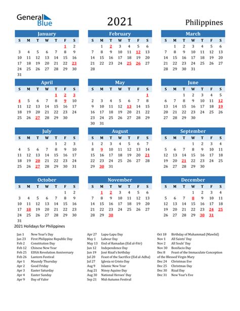 2021 Philippines Calendar With Holidays