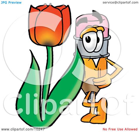 Clipart Picture Of A Pencil Mascot Cartoon Character With A Red Tulip