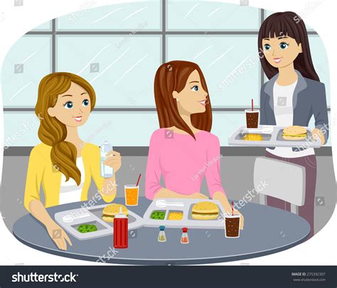 Illustration Teenage Girls Eating Cafeteria Stock Vector Royalty Free