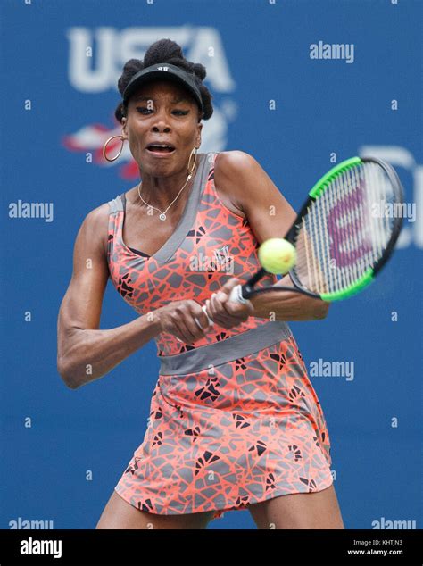 Us Tennis Player Venus Williams Usa Hitting A Backhand Shot During Womens Singles Match In Us