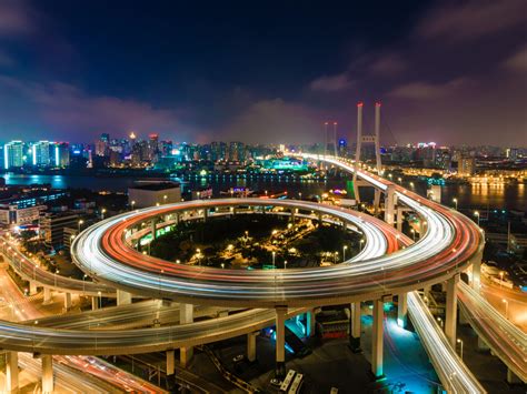 Shanghai China Circular Overpass Bridge Of Nanpu Night Landscape Ultra Hd Wallpapers For Desktop