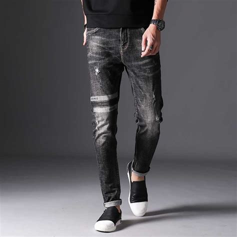 Mens Dark Grey Jeans Patchwork With Holes High Quality Black Slim