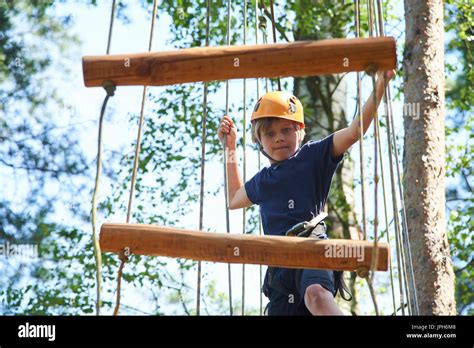 Child Boy Enjoys Climbing In The Ropes Course Adventure Child Engaged