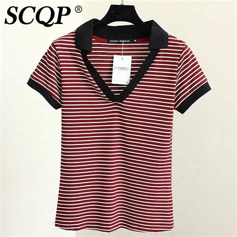 Red And White Striped Turn Down Collar Women T Shirt 2016 Summer Slim Elasticity Knitted Cotton