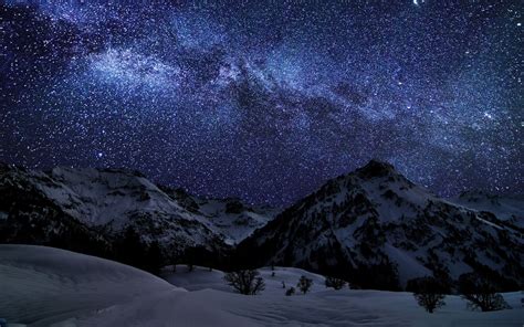 Landscape Mountains Snow Snowy Peak Stars Night Milky Way