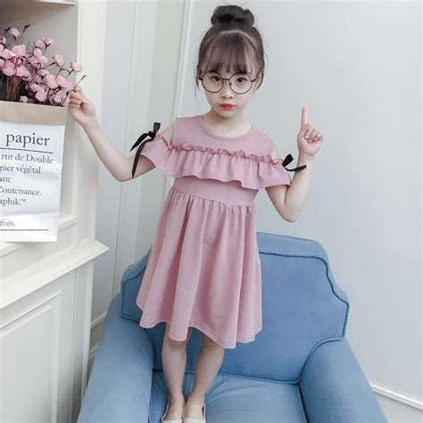 Girls Dress Summer Korean Kids Cute Shoulders Lotus Leaf Dress Children
