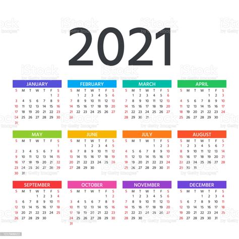 Calendar 2021 Year Vector Week Starts Sunday Calender Layout
