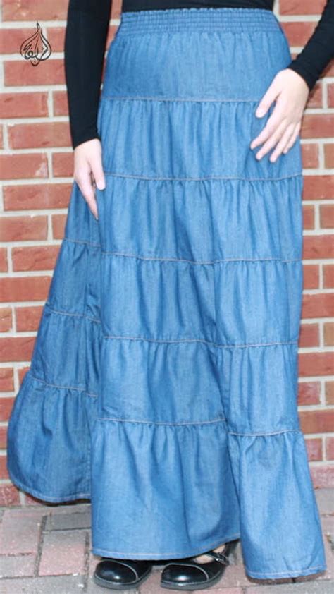 40 Long Boho Chic Tiered Blue Denim Skirt For Modest Women