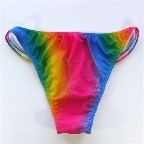 Mens String Bikini String Narrow Waist Body Posing Rainbow Color Printed L
