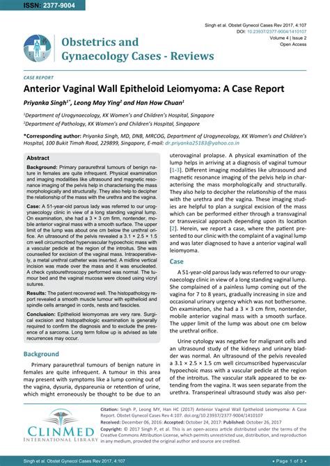 Pdf Obstetrics And Gynaecology Cases Reviews Anterior Vaginal Wall Epitheloid Leiomyoma A
