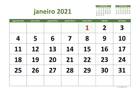 Calendário Janeiro 2021