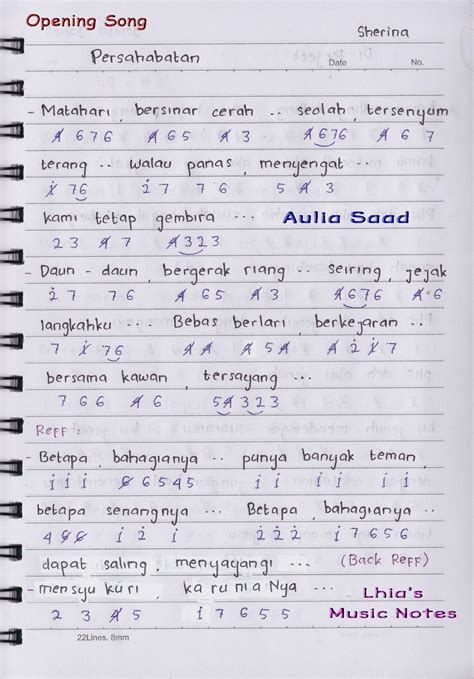 Not Angka Sherina Persahabatan Opening Song Aulias World