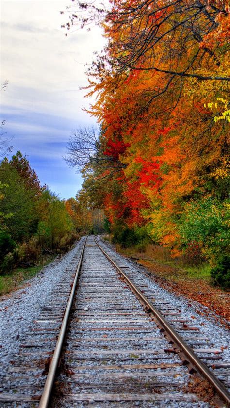 An Old Railroad Track Surrounded By Colorful Trees