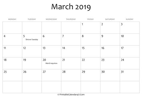 March 2019 Editable Calendar With Holidays