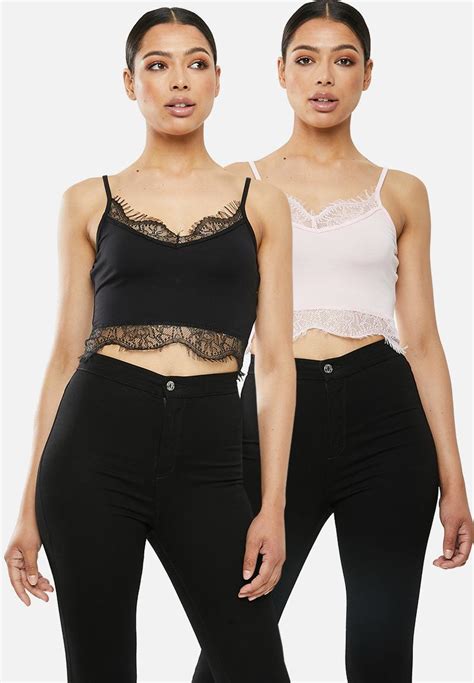 2 Pack V Neck Lace Trim Bralette Black And Pink Missguided T Shirts