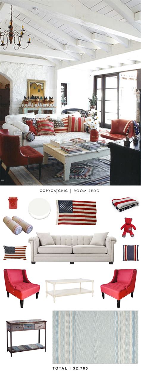 An American Flag Themed Living Room With Red White And Blue Furniture