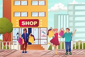 Street shopping with customers concept in flat cartoon design. Men and ...