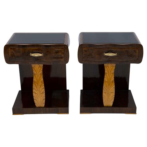 Matching Pair Of 1930s Art Deco Walnut And Maple Bedside Tables At