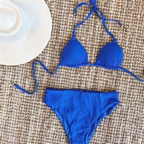 Blue Ribbed Bikini Blue Bikini Top Bikini Tops String Bikinis Vitamins Beach Swimwear