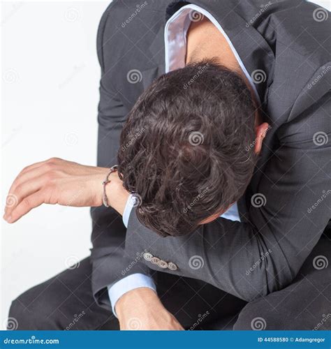 Businessman Crying Lost In Depression Sitting On Street Concrete Stairs