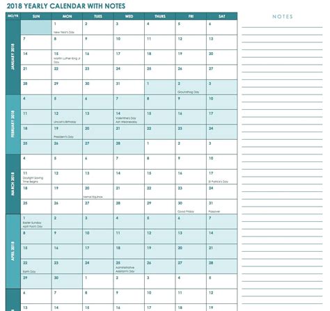 Free 12 Month Calendar With Room For Notes Template Calendar Design