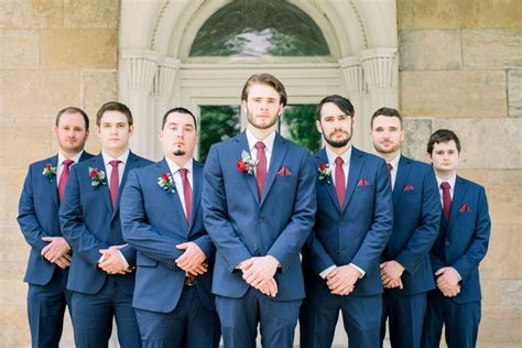 Groom Portraits Groomsmen In Navy Suits With Burgundy Ties Wedding