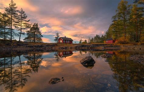 Wallpaper Trees Sunset Lake Reflection Stones Norway Houses
