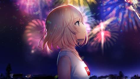 Anime Girls Fireworks Short Hair Blonde Hd Wallpaper Wallpaperbetter