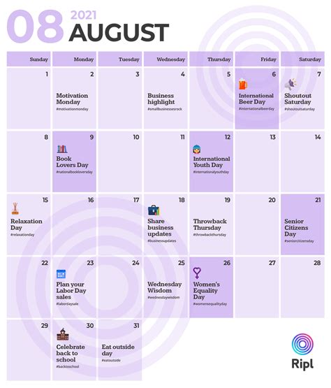 August Social Media Holiday Content Calendar