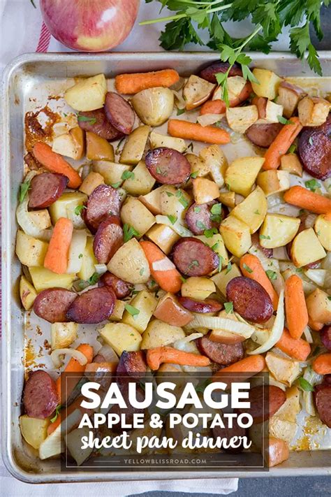 I don't bother to peel the apple and chop it in my mini food processor to get it nice and small. Smoked Sausage & Apple Sheet Pan Dinner | Recipe | Dinner, Chicken sausage recipes, Sausage recipes