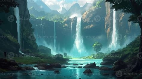 Waterfall Fantasy Backdrop Concept Art Realistic Illustration