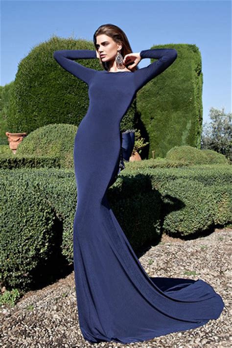 Fantastic Backless Long Sleeve Navy Jersey Evening Prom Dress With Bow Back