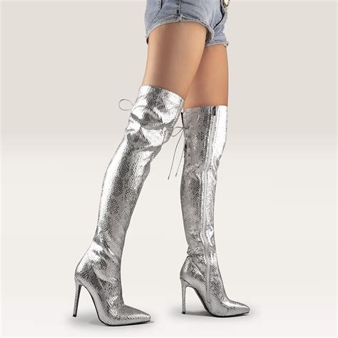 onlymaker women metallic silver thigh glitter knee high boots pointed toe zipper ebay
