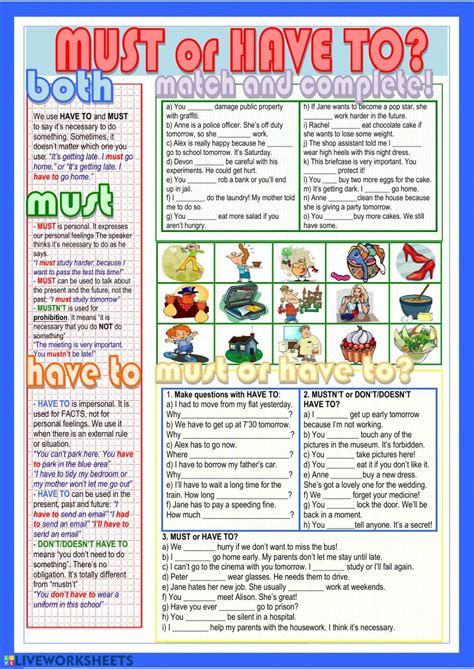Must or Have to? - Interactive worksheet | Grammar worksheets, English ...