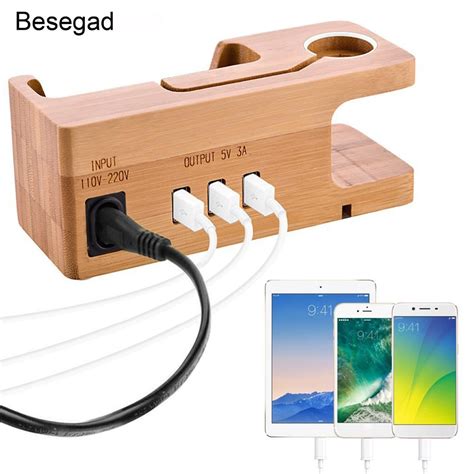 Besegad Bamboo Wooden Charging Dock Mount Holder 3 Usb Ports Charge