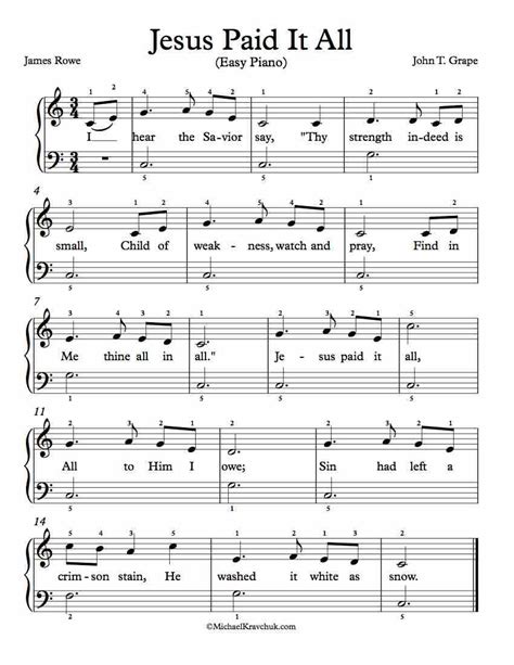 Easy Piano Arrangement Sheet Music Jesus Paid It All Hymn Sheet