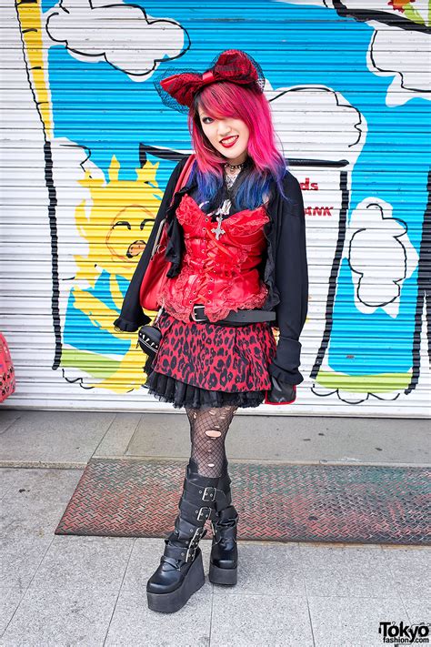 Lisas Pink And Blue Hair Bustier And Demonia Boots In Harajuku Tokyo