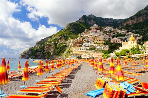 View On Beach In Positano On Amalfi Coast Campania Italy Stock Image