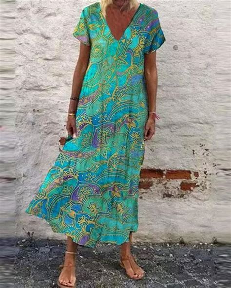 Us 2899 Boho Floral V Neckline Short Sleeve Maxi Dress