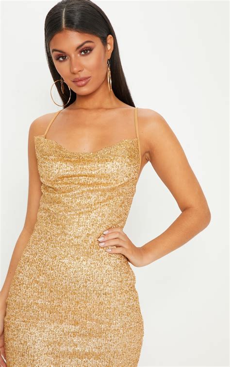 Gold Glitter Strappy Bodycon Dress Dresses Prettylittlething