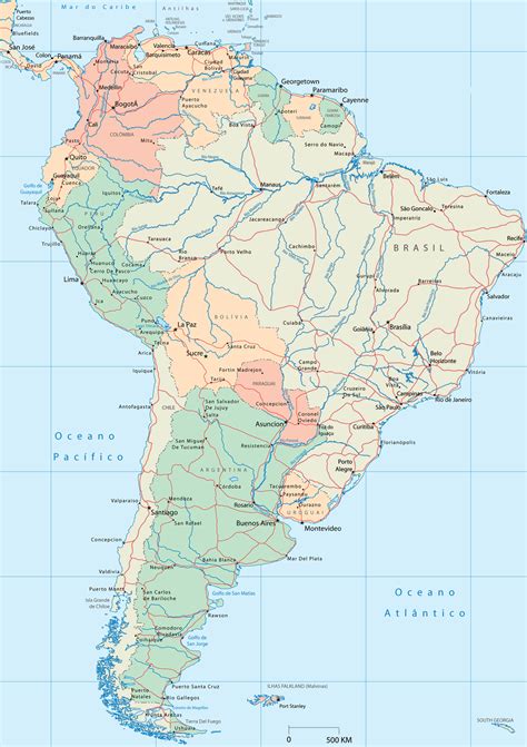 Mapa da América do Sul Político Países Rios Lagos