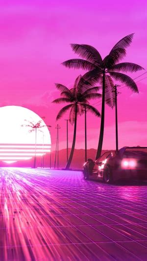 Car Night Scenery Retrowave Synthwave Vaporwave Palm Trees